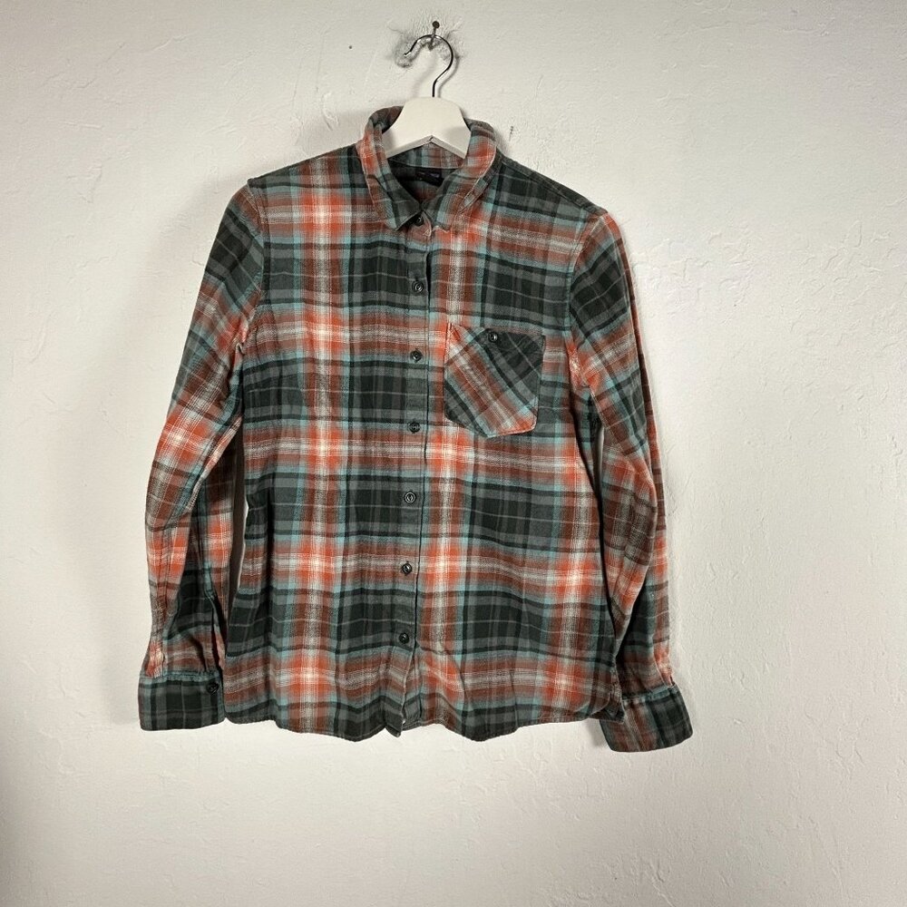 Patagonia Womens Heywood Flannel Shirt Size 4 Green Orange Long Sleeve Button Up